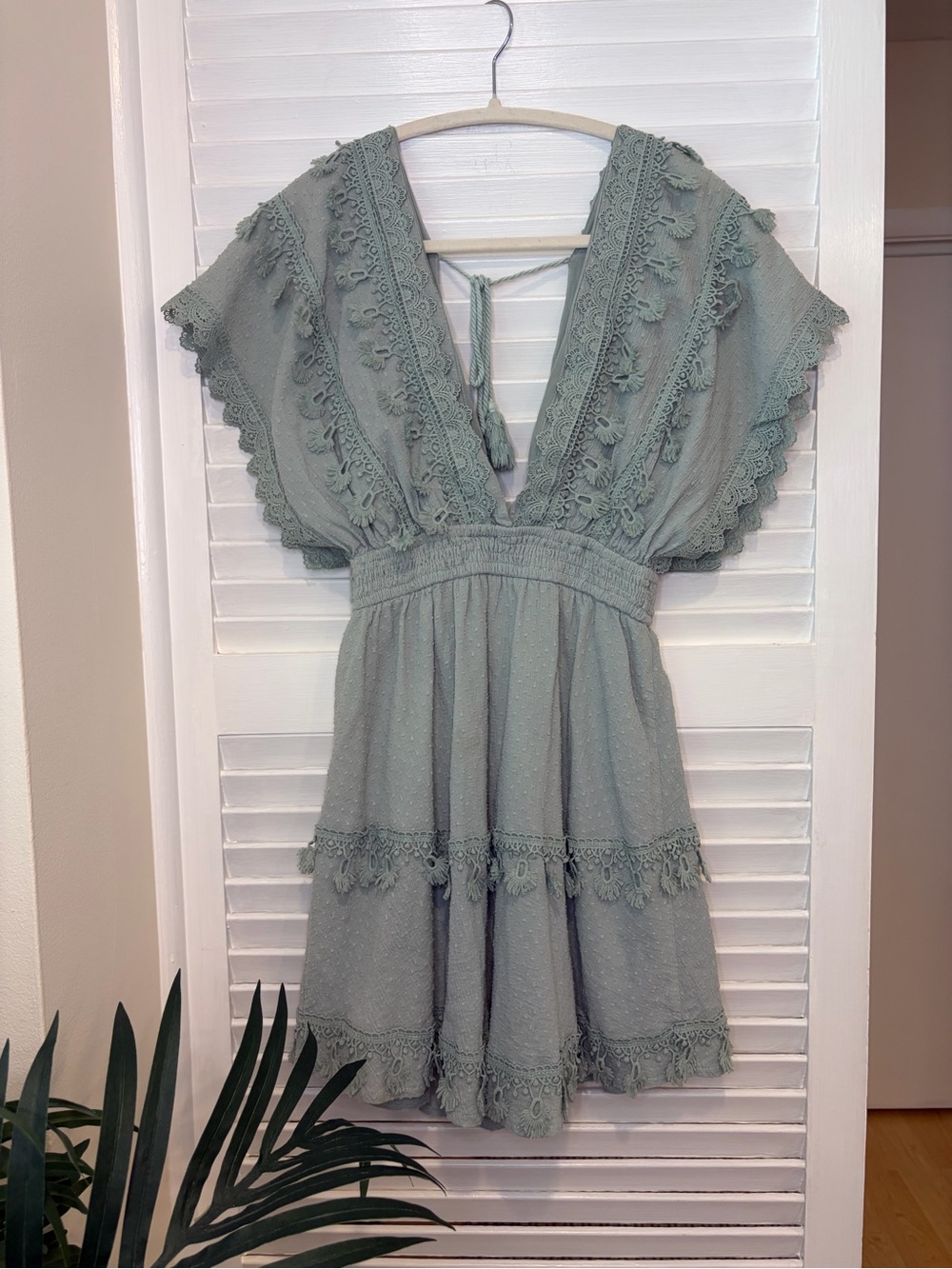 fab’rik Mini Light Teal Lace Trim Dress with Low front and back and Tie Details